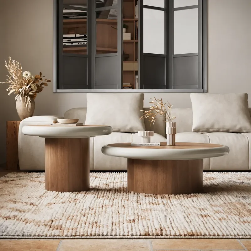 Medieval Walnut Color Round Solid Wood Coffee Table for Living Room Apartment Hotel Household Tea Table