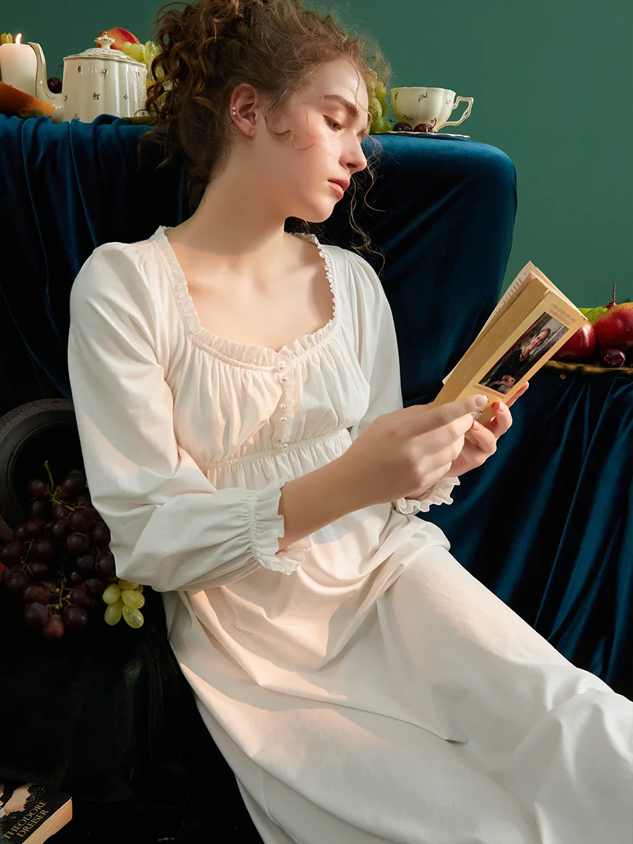 New Vintage Cotton Princess Long Sleepwear For Lady Spring Autumn Long Sleeve Elegant Loose Long Nightgowns Home Dress