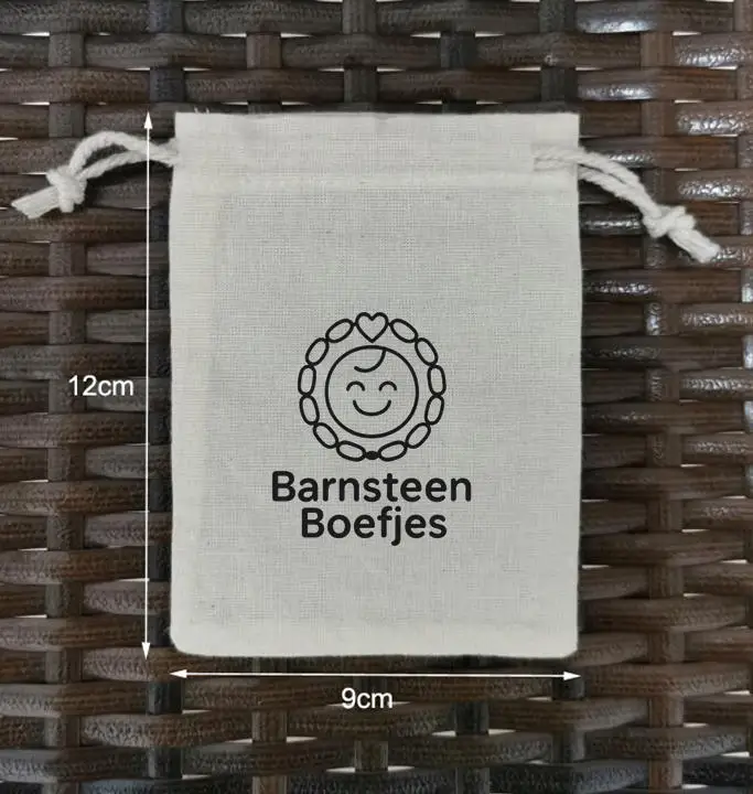 100 Pieces 7x9cm and 100 Pieces 9x12cm Natural Cotton Bags Drawstring Pouches Screen Printed with Black Logo Customised Logo