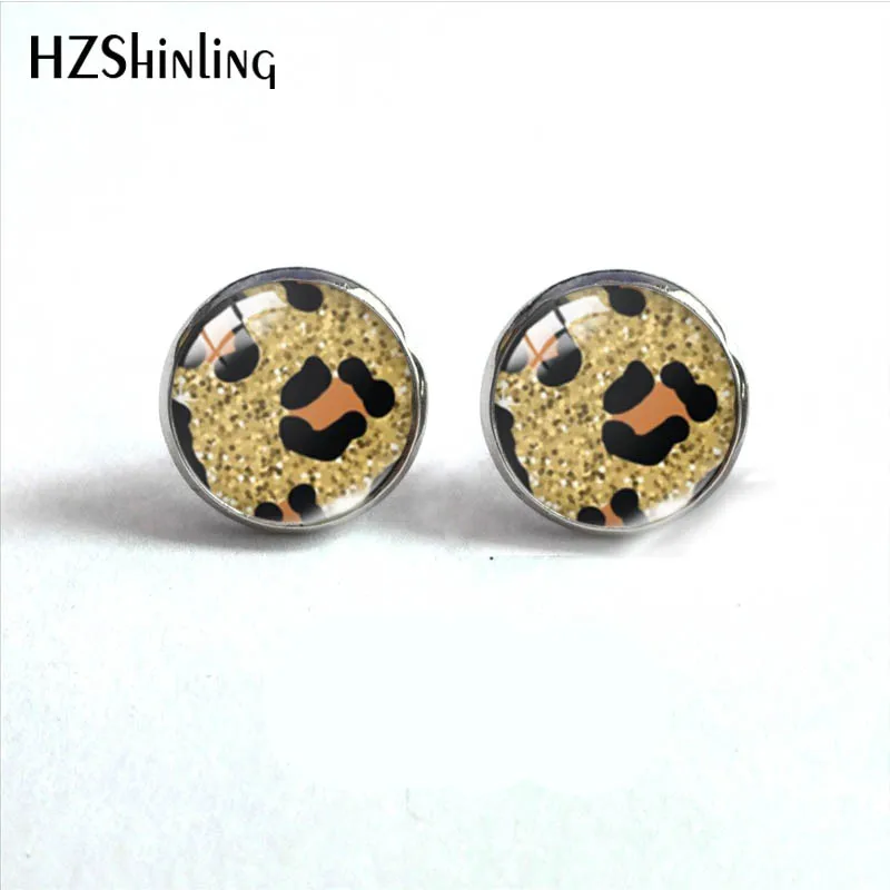 2023 New Animal Skin Leopard Pattern 12mm Round Stud Earrings Glass Cabochon Stud Earrings Handmade Ear Jewelry for Women