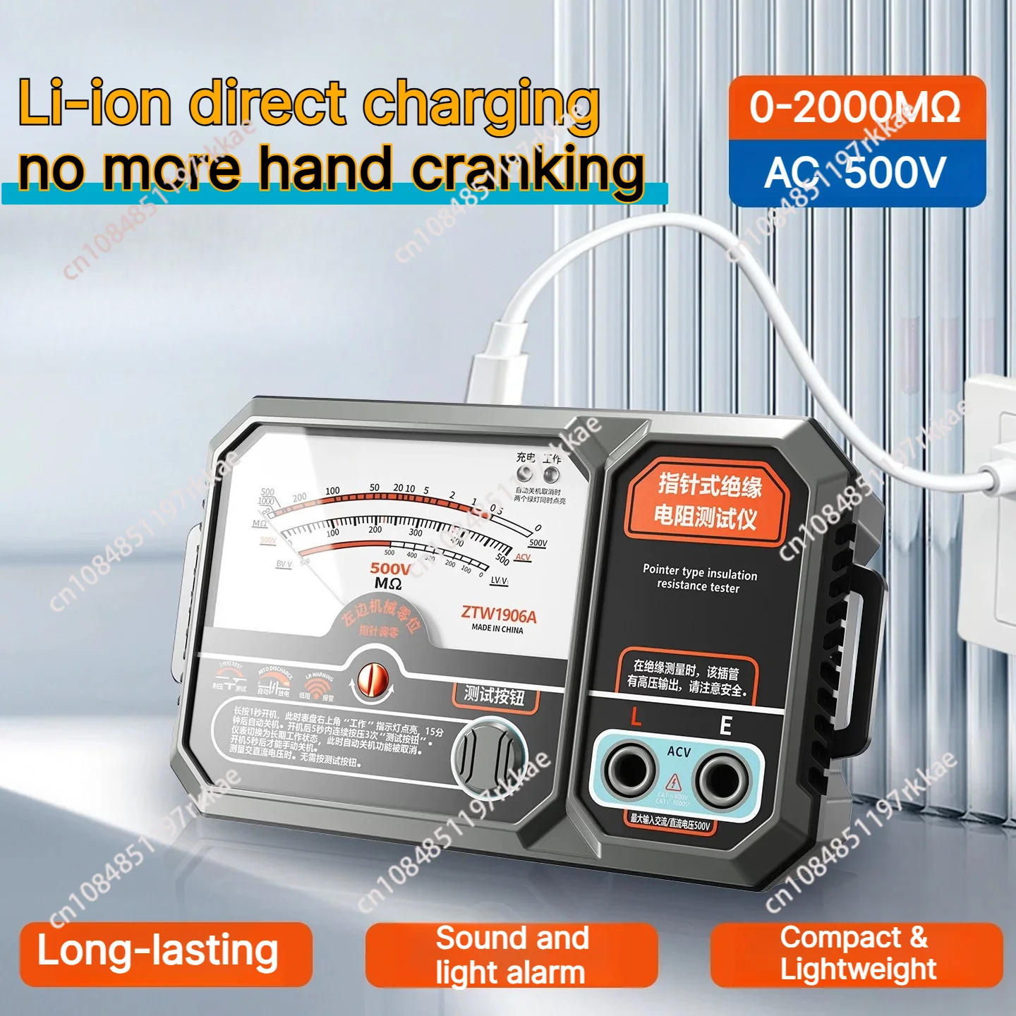 Pointer Insulation Resistance Meter AC/DC Voltage Detect 500V 1000MΩ USB Rechargeable Megohmmeter for Electrical Testing
