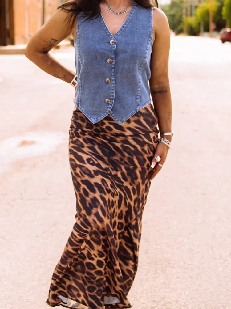 Gonna lunga stampata leopardata retrò moda donna gonne a coda di pesce sottili pieghettate a vita alta 2026 Lady Holiday Street Chic Wear Nuovo