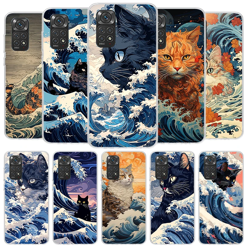 Anime Cat Sea Wave Aesthetic Cover Phone Case For Xiaomi Redmi Note 14 13 12 11 10 Pro Plus 12S 11S 11T 11E 10S 9 9S Soft Fundas