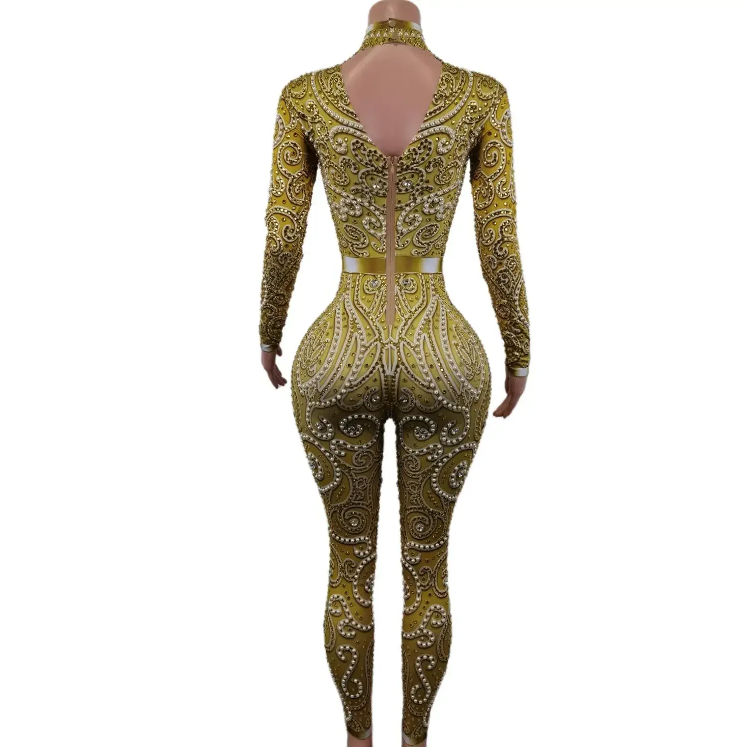 Rhinestones Gold Pearl Jumpsuit Long Sleeve Birthday Party Outfit Dancer Singer Show Rompers Stage Wear Event showgirl outfit