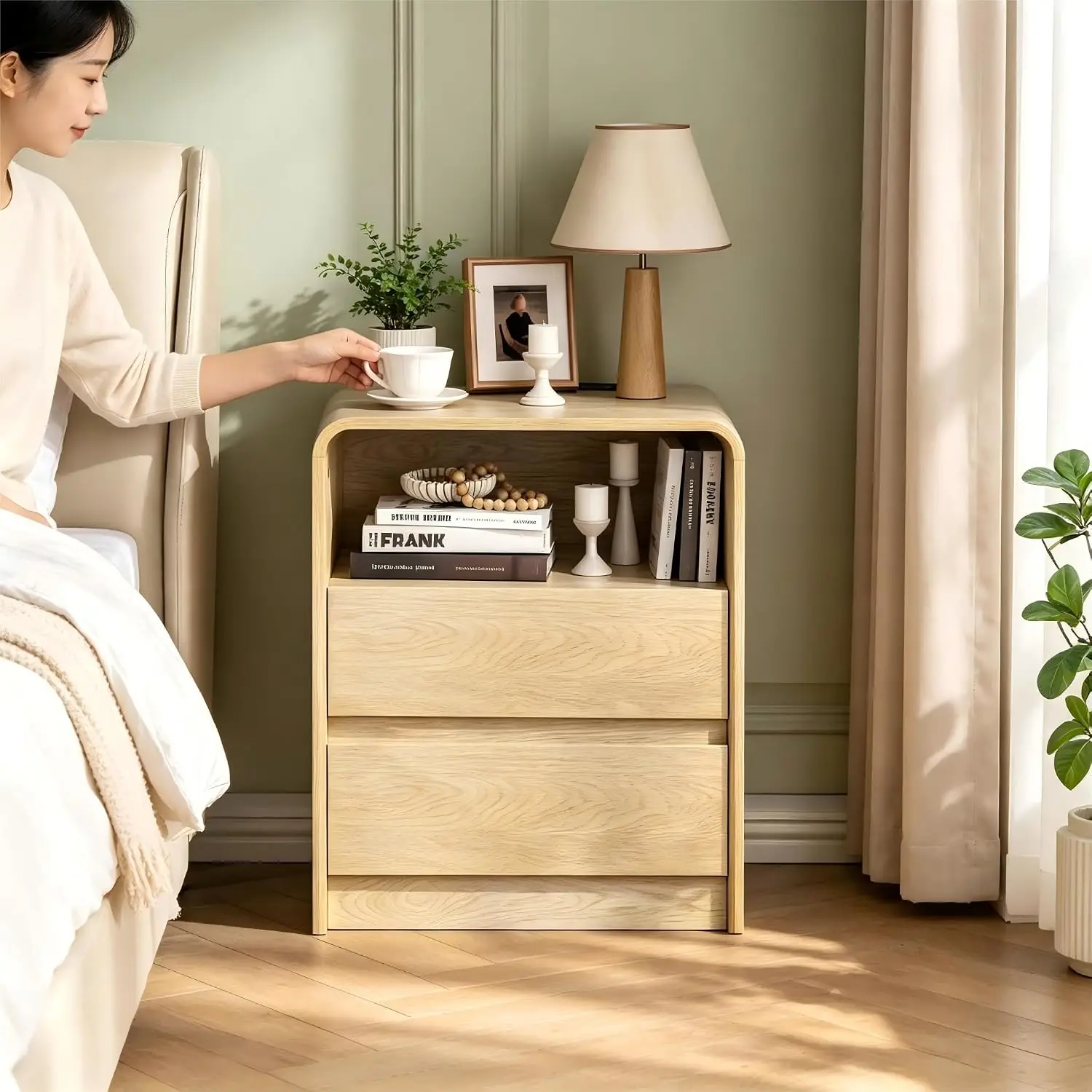 Wood Nightstand Charging Station 2 Drawers Open Storage Curved Edge Side Table Bedroom Living Room Oak, Customized