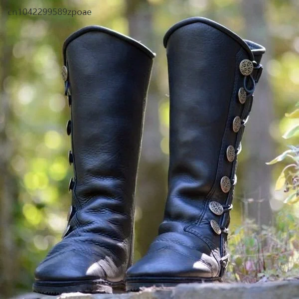Medieval Steampunk Vintage Women's PU Leather Viking Pirate Boots Retro Buckle Men's Knight Hunter Carnival Party Cosplay Shoes - Detail 1