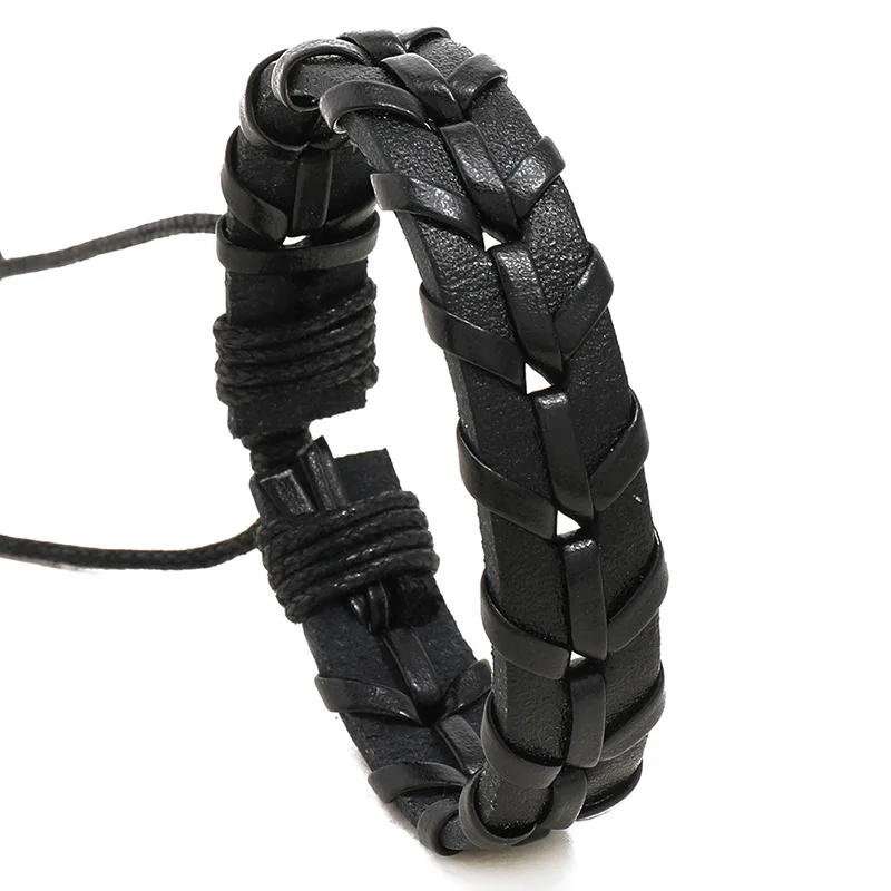 1 Piece Men Vintage Black Weaven Leather Bracelet Hollow Out PU Adjustable Bracelet For Men Jewelry