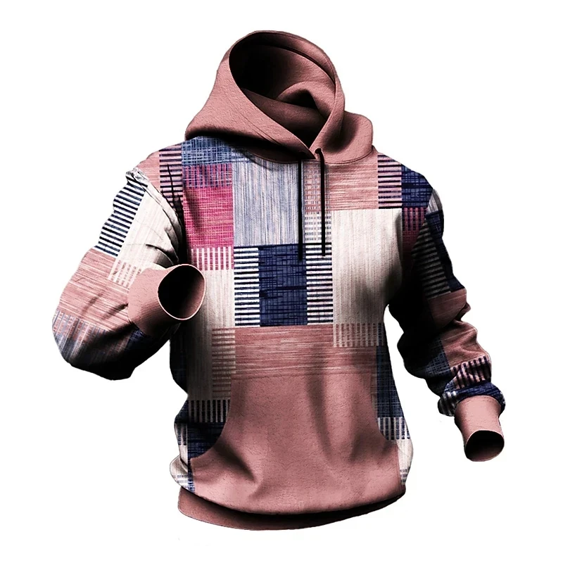 Autumn Men\'s Hoodie For Sweatshirt 3d Plaid Printed Long Sleeve Pullover Street Man Clothing Men\'s Oversized Hooded Sweater 2024