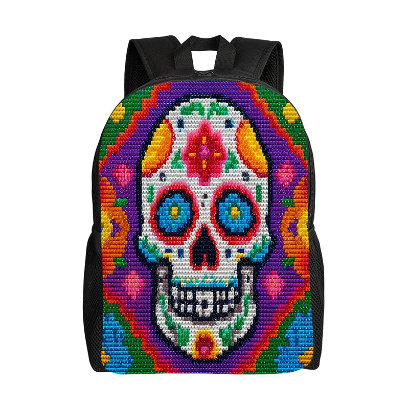 

2D flat, vivid Reaper Skull Backpack - colorful Mexican style design with adjustable shoulder straps, zip closure