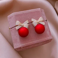 Elegant Red Pearl BowKnot Stud Earrings for Women Girl Christmas Jewelry Sweet Heart Ball Crystal Drop Piercing Xmas Party Gift