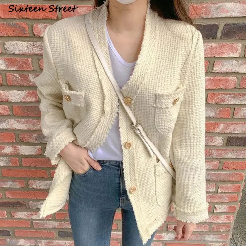 

Chic Tweed Jacket Women Autumn Open Stitch Woolen Cardigan Female Autumn V-neck Golden Button Elegant Business Coats Fall