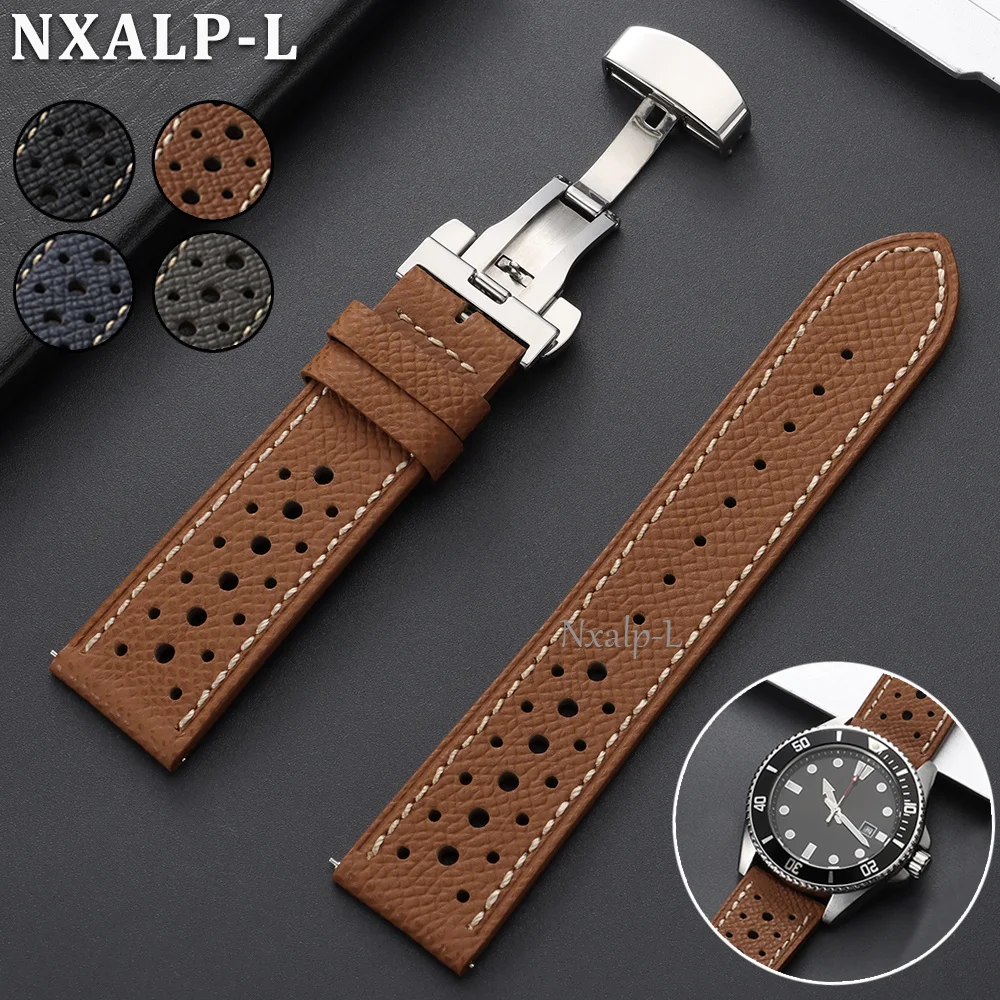 Leather Watch Band Men - バタフライバックル牛革製腕時計ストラップ 18mm 19mm 20mm 22mm 通気性のあるステッチバンド