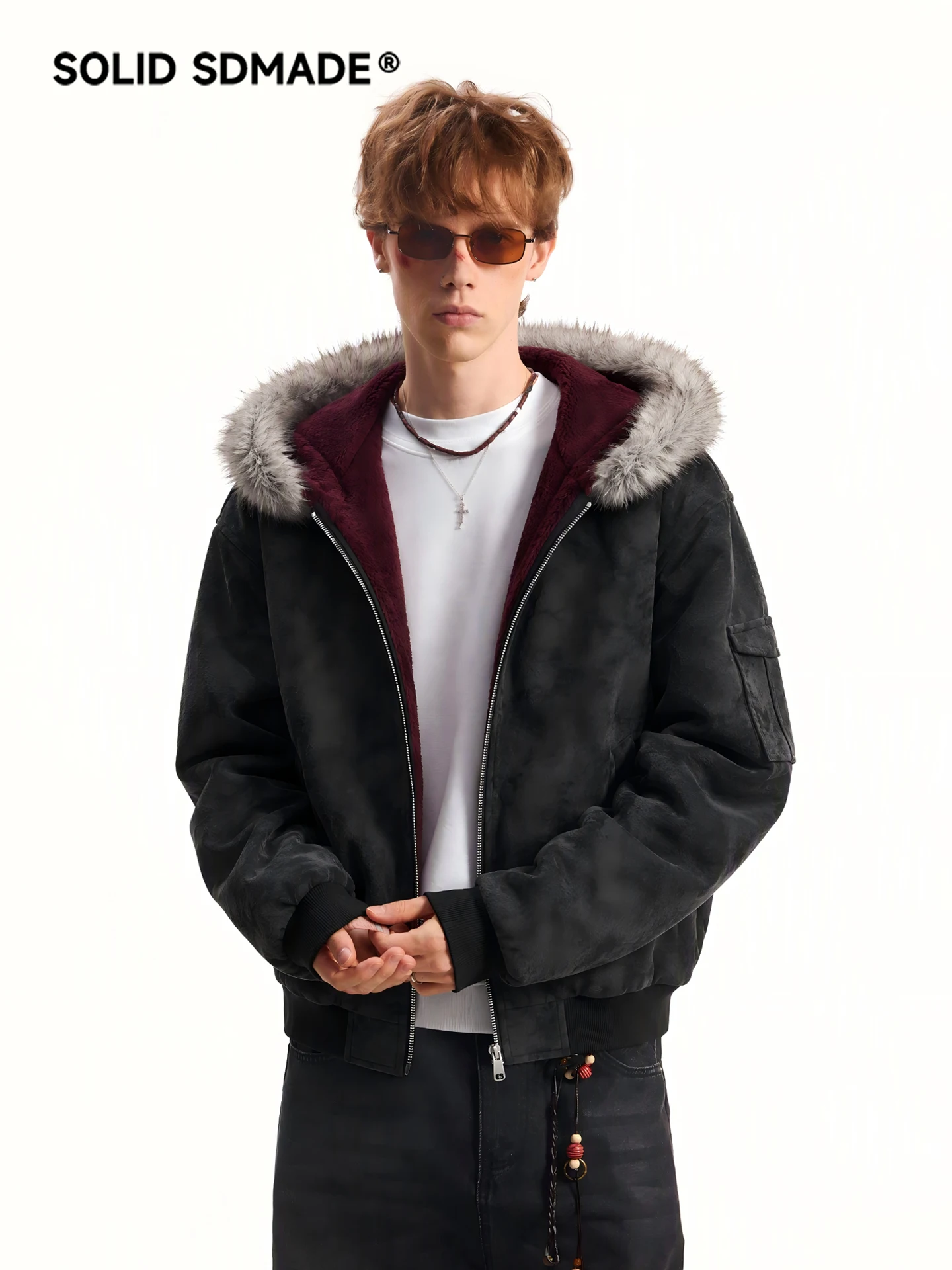 SDMADE American Retro Suede Fur Collar Cotton Jacket Men Women Style Winter Inner All Fur Cotton Clothes Warmth Zipper Hooded