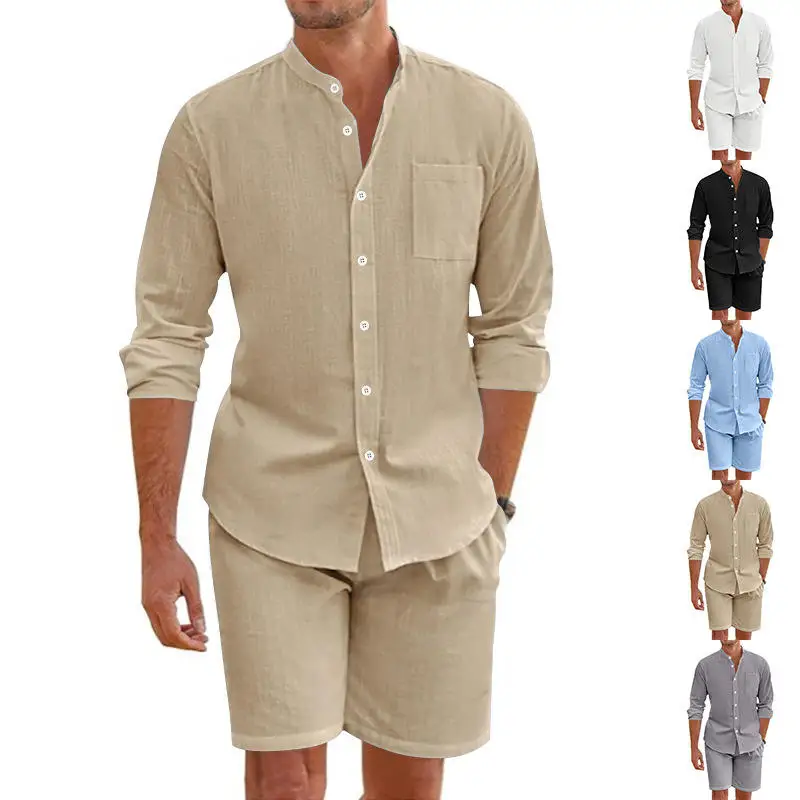 

Loose Linen Button up Shirt Long Sleeve Shorts Cardigan Casual Beach Set for Men Summer Fashion Casual Wear Male Ensemble
