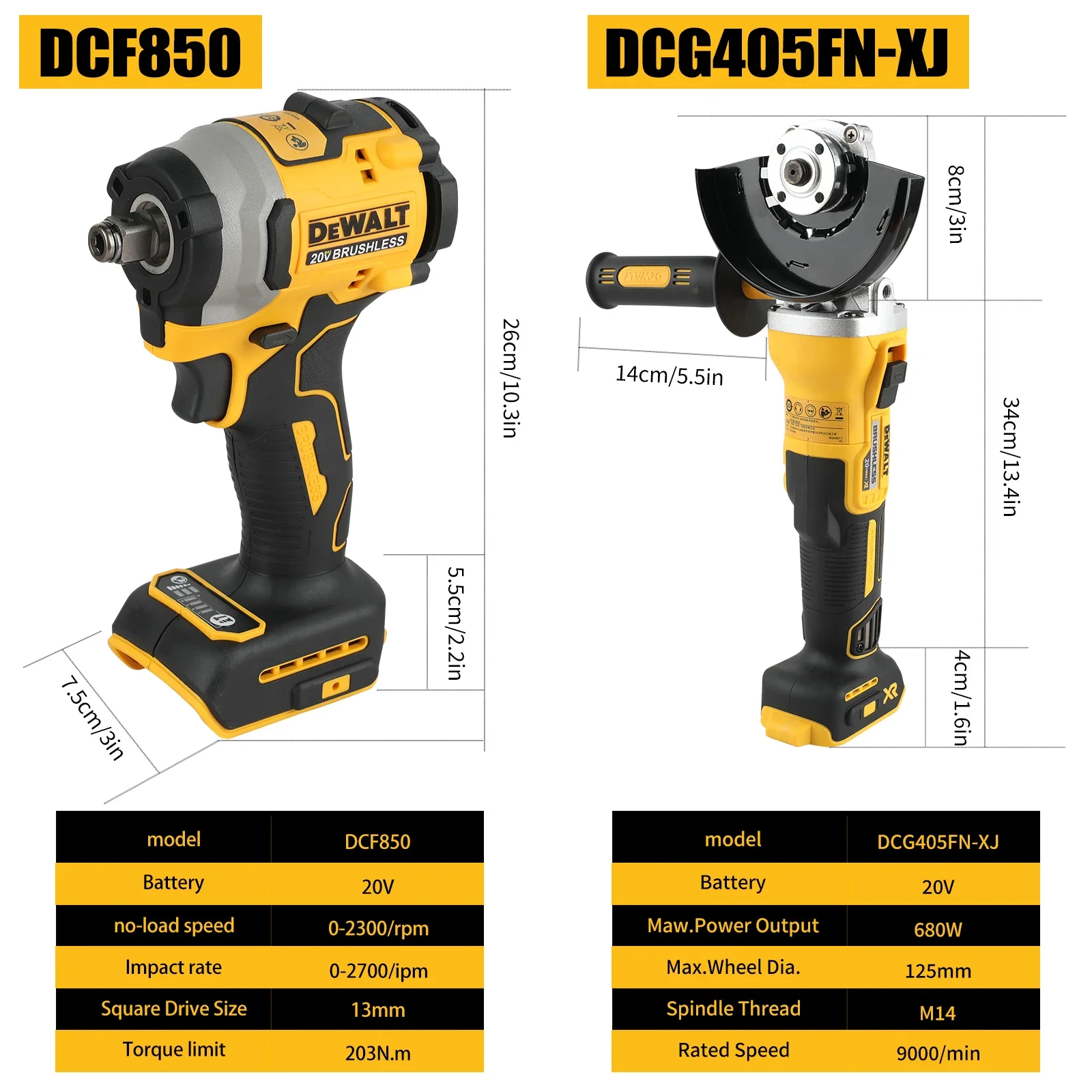 Klucz udarowy akumulatorowy Dewalt DCG405FN 125mm i DCF850, bezszczotkowy, z baterią litową, narzędzie do polerowania, cięcia, o wysokim momencie obrotowym.