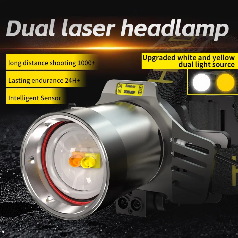 High Power LED Laser Headlamp Rechargeable Sensor Headlight Outdoor Camping Fishing Hiking Headlamp Built-in 3*18650 Batteries