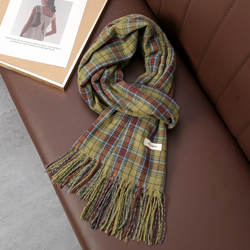 New Fashion Scarf Women Winter Keep Warm Green Stripe Plaid Cashmere Shawl Tassel Long Blanket Casual Neckerchief Pashmina Lady