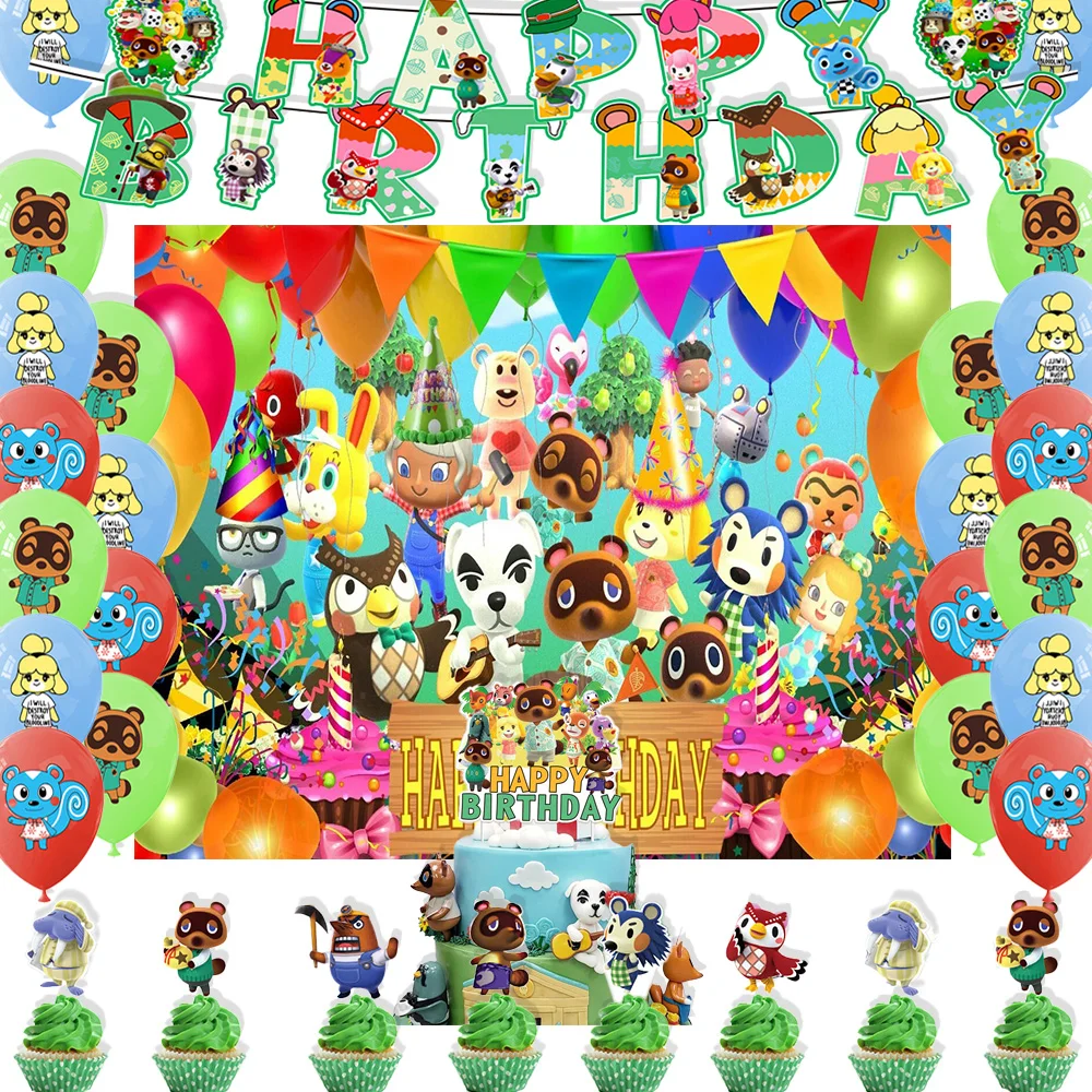 

Animal Cross Theme Birthday Party Supplies Decor Cartoon Forest Animals Balloon Banner Backdrops Cupcake Topper for Kids Gifts