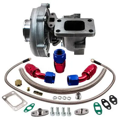 MaXpeedingrods T3T4 Turbo Turbocharger Oil Cold Universal Turbine .63 AR 5 Bolts Flange  Oil Line Kit for 1.6L-2.3L Engine 400HP