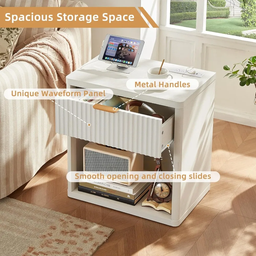 منضدة Leyaoyao المخددة مع محطة شحن، طاولة نهاية ذات درج واحد بعرض 23 بوصة، حامل ليلي أبيض مع خزانة تخزين مفتوحة، مزرعة