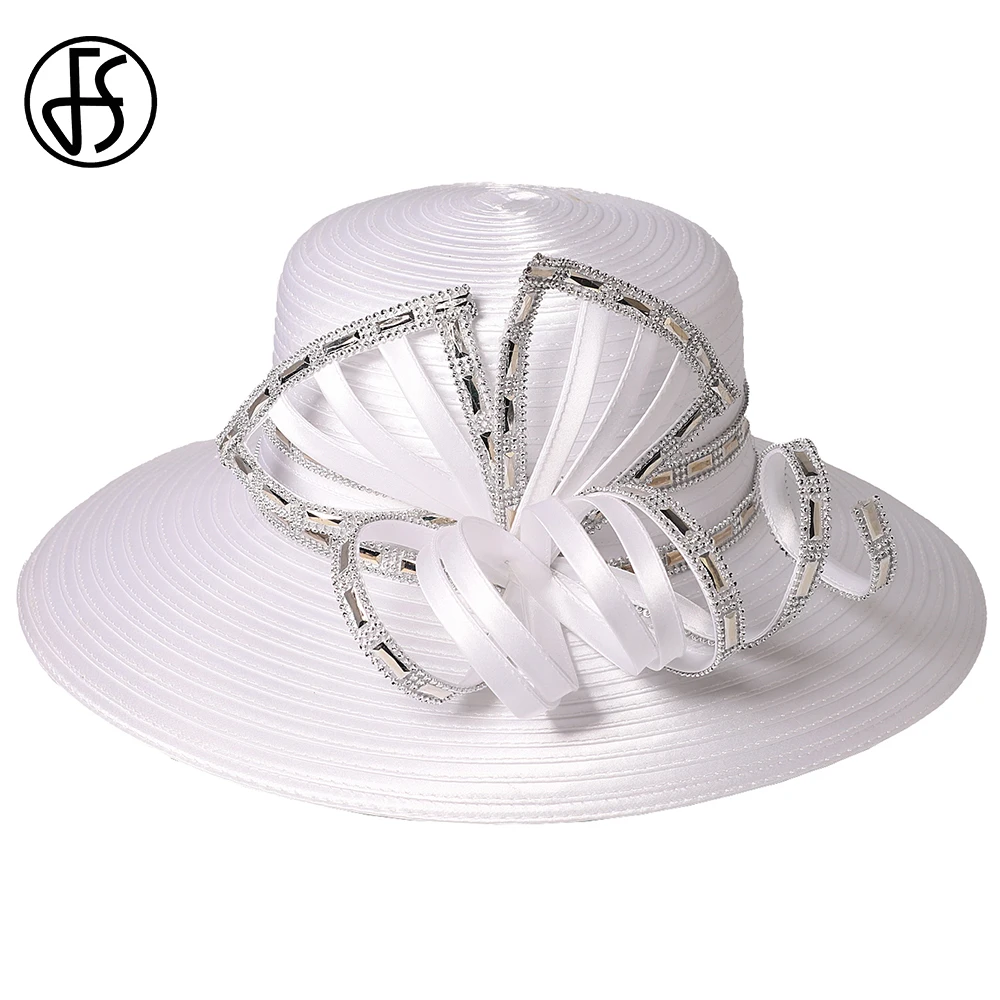 FS Luxury Brand White Top Hats With Bowknot Wide Brim Church Fascinator Hat For Women Elegant Formal Wedding Bridal Millinery