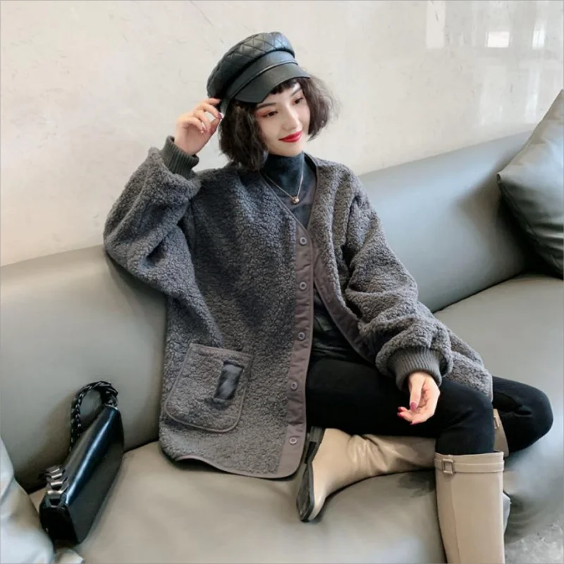 Casaco para mulher retro imitatio lã de cordeiro emenda solta manga comprida casual topo preguiçoso estilo solto exterior usar pequeno estilo fragrância