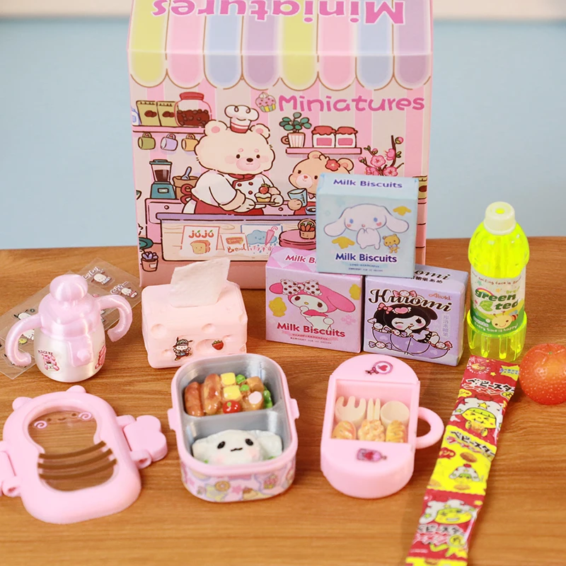 Aleatório 1 conjunto casa de bonecas brinquedos comida bento caixas talheres mini simulação casa boneca lancheira caixa frutas modelo acessórios