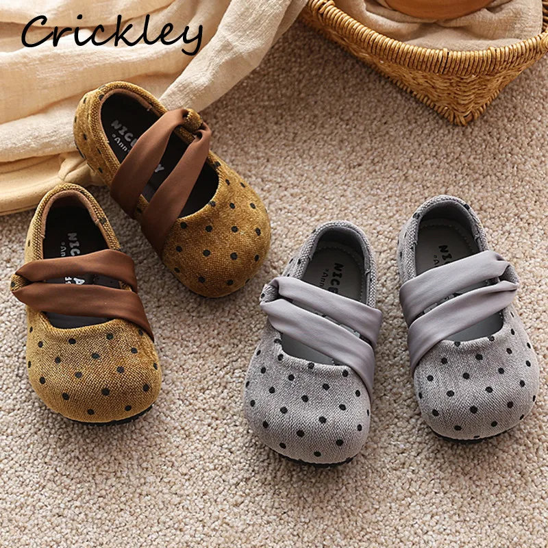 Dot Fabric Girls Fashion Shoes Ribbon Cross-tied Children Flats Shoes Spring Autumn Slip On Soft Sole Kids Ballet Flats