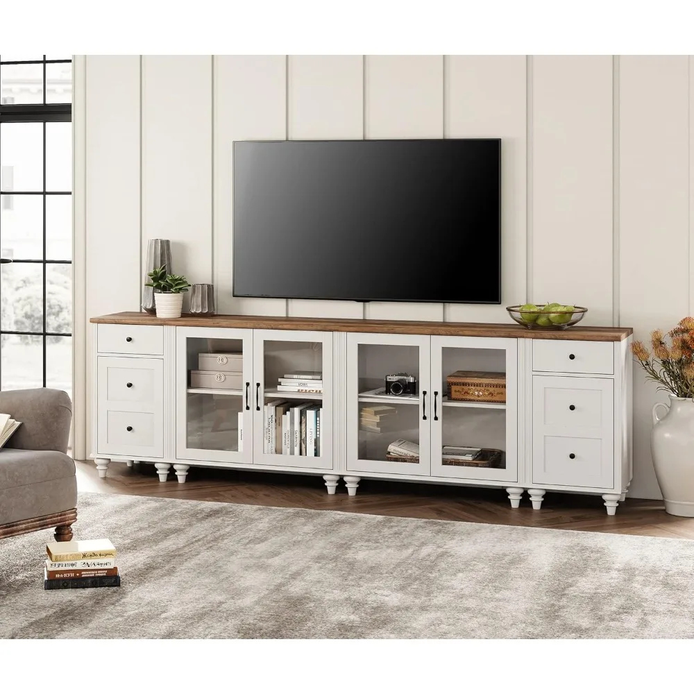 TV Console Table for TV, Entertainment Center with Charging Station Glass Door, Kitchen Sideboard Buffet Cabinet for Dining Room