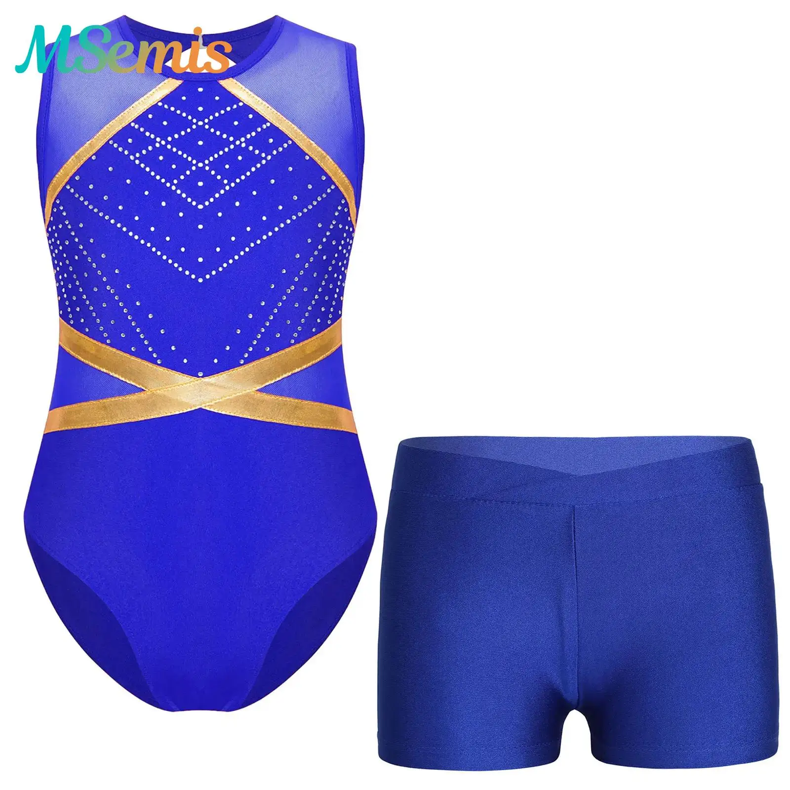 

Детский балетный трико с блестящими стразами для девочек, боди с V-образными шортами спереди, гимнастический танцевальный костюм для фигурного катания