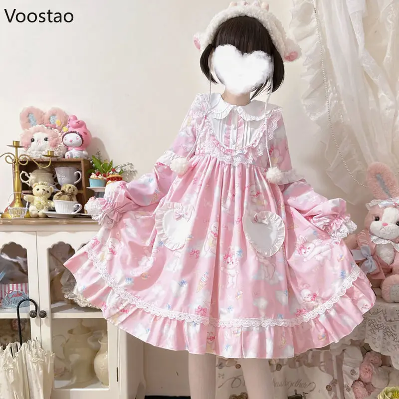 Japanse Sweet Lolita Op Dress Women Kawaii Strik Bunny Print Kanten Feestjurken Meisjes Schattige Peter Pan Kraag Jurk Met Lange Mouwen