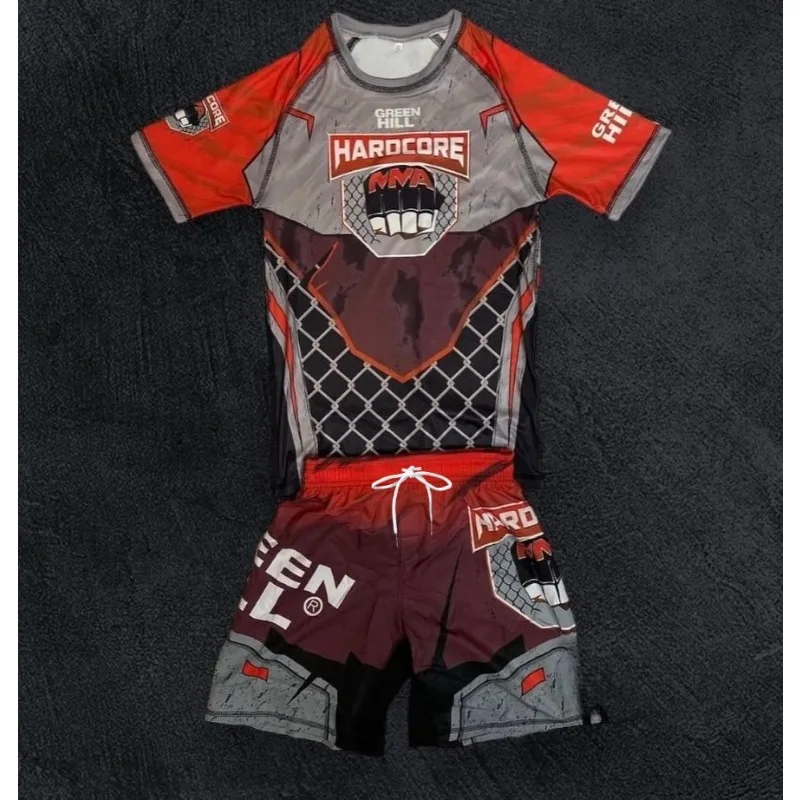 

Летний комплект для ММА 2026 Green Hill Hardcore: мужской красно-серый комплект из рашгарда с коротким рукавом и бойцовских шорт, быстросохнущая спортивная одежда для тренировок и единоборств