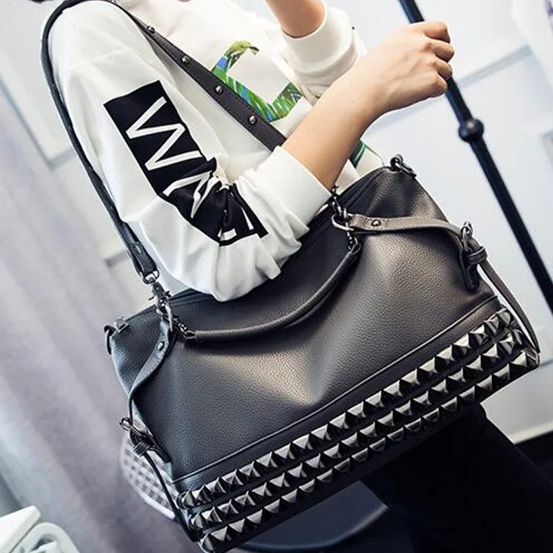 SHELKSBAG Modern Punk Stylish Large Capcity Rivet Studded Shoulder Crossbody Bags Hobo PU Leather Messenger Handbag for Ladies