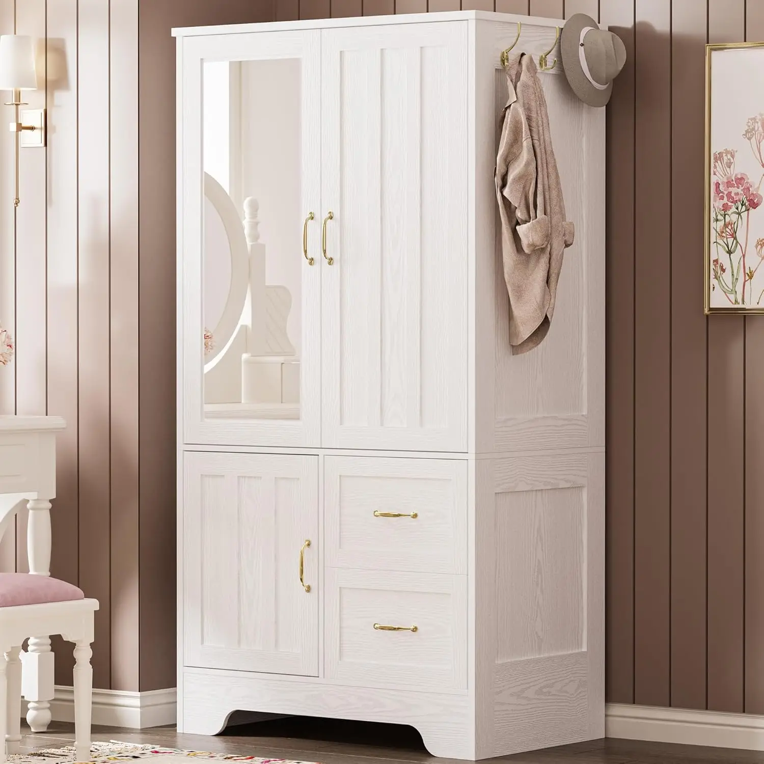 Wardrobe Closet with Mirror and Doors and Drawers and Shelves, Wooden Armoire Storage Cabinet with Hanging Rod for Bedro