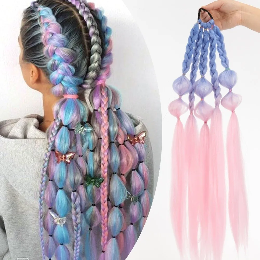 Stylish Colorful Braided Wigs Multicolored Handmade Twist Braid Hair Gradient Twist Handcrafted Ponytail For Girls Costume