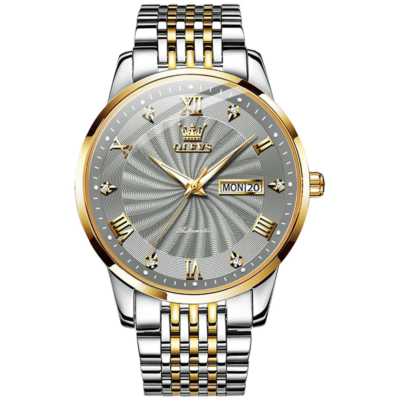 

OLEVS Luxury Brand Rotating Grey Dial Men's Watch Automatic Male Waterproof Luminous Calendar Mechanical Watches Relogio