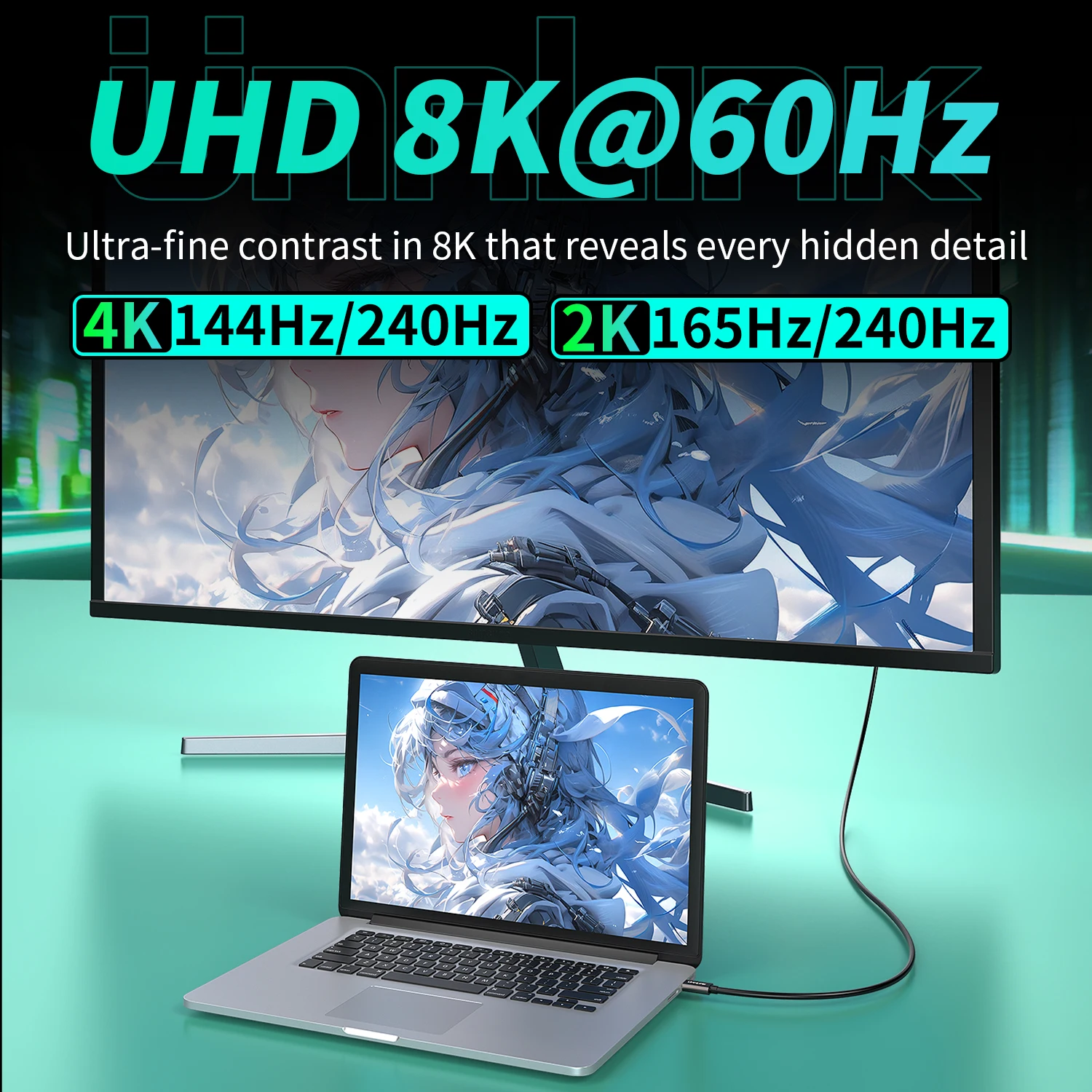 Unnlink USB C to DisplayPort Cable 8K@60Hz Type-C to DP 1.4, 4K@144Hz/240Hz, 2K@180Hz/165Hz Compatible Thunderbolt 5/4/3