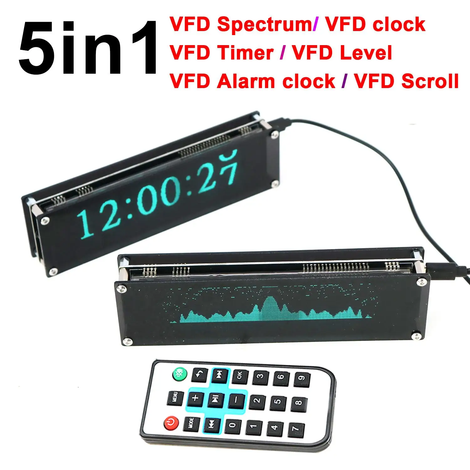5in1 Bluetooth VFD ritmo de áudio luz VFD espectro/relógio/temporizador/alarme do tempo/lâmpada da atmosfera do amplificador do carro do medidor do nível da música ﻿
