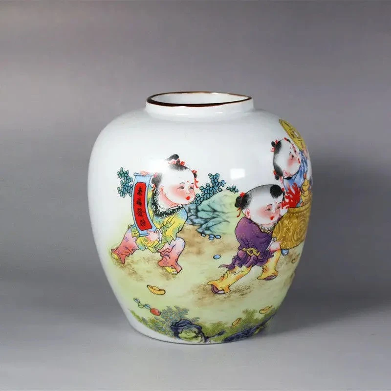 Chinese Color Porcelain Decorative Jar Children Fortune Treasure Pattern Ceramic Vase Ornament Multi-purpose Storage Canister