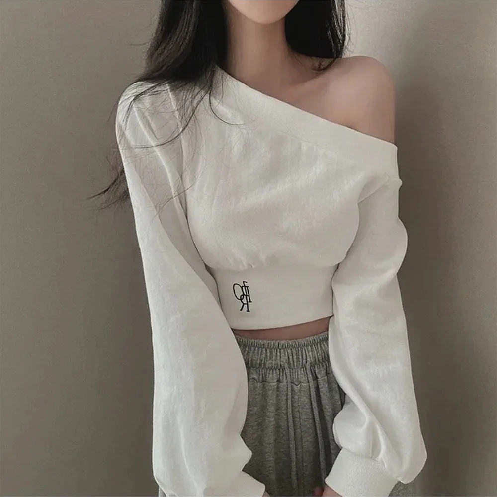 Irregular Sweatshirt Women 2024 Spring Autumn Hot Girl Short Off Shoulder Pullovers Female Korean Raglan Sleeve Casual Crop Tops