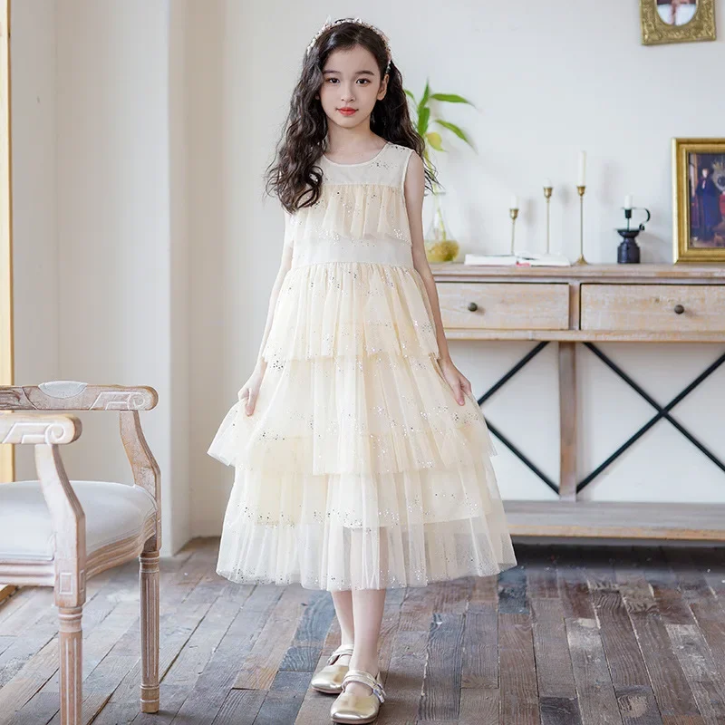 

Princess Dress for Girls 2025 Summer Mesh Sleeveless Vest Tiered Dress Beach Vacation Dress Teenage Kids Clothes 5-13 Years old