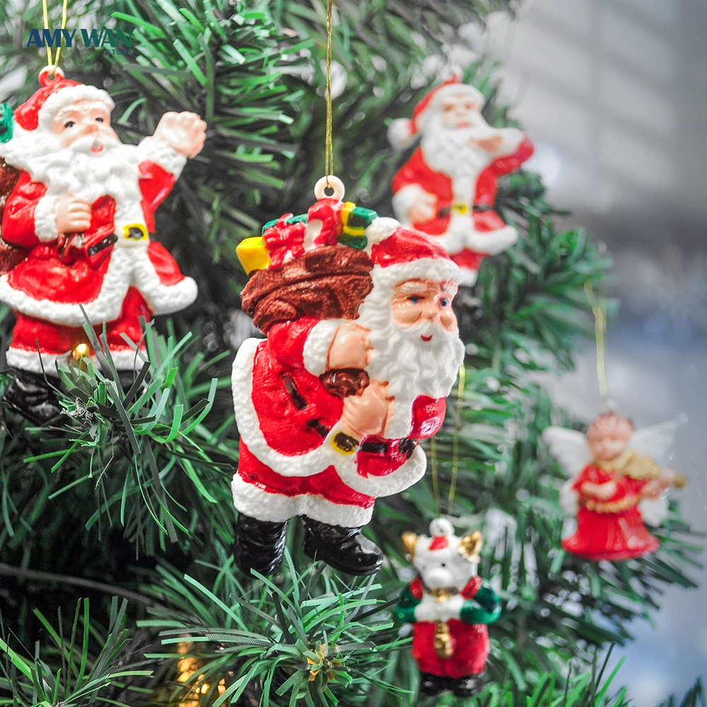 6pcs Mini Santa Claus Snowman Miniatures Christmas Tree Hanging Ornaments Pendant Kids Gifts Doll Hang Decorations for Home Noel