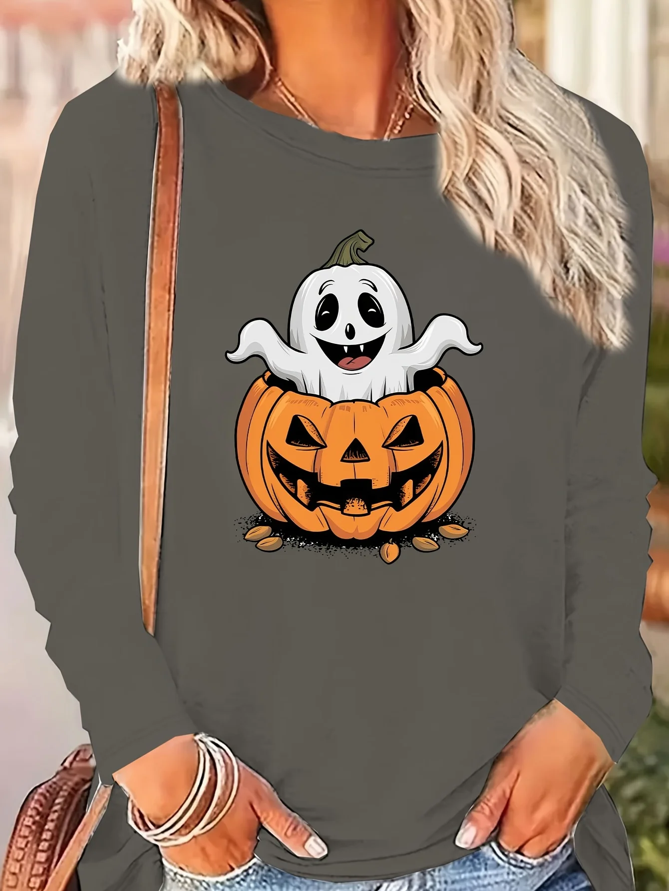 

Evil Pumpkin Head And Ghost Pattern T shirt Halloween O-neck Long Sleeves T shirts Autumn Cotton Casual Loose Women Clothing Top