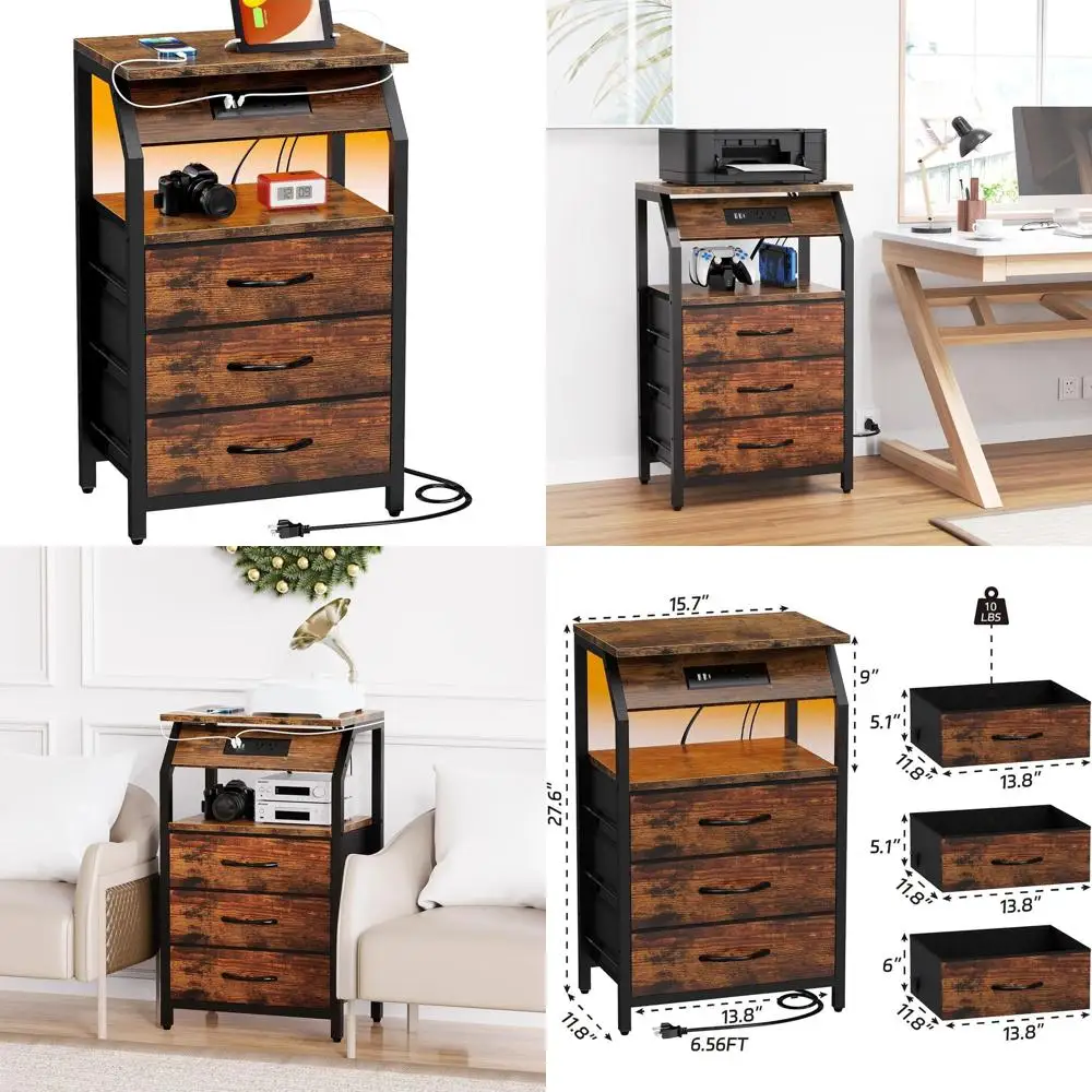 

Rustic Brown Nightstand with 3 Drawers, LED Lights, and Charging Station for Living Room and Dorm