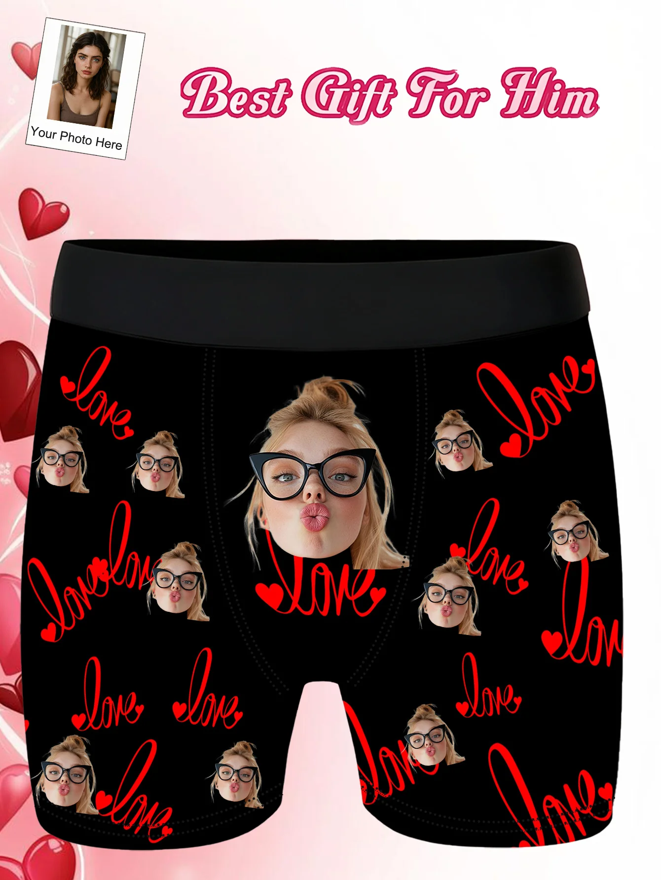 Custom Men'S Boxer Briefs | Black with Multiple Red Heart Patterns and a Glasses-Wearing, Tongue-Out Woman'S Portrait