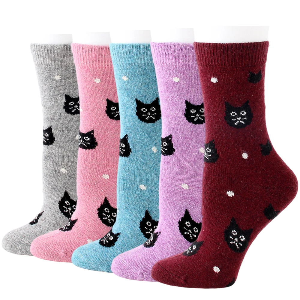 12 Pairs Winter Warm Thermal Wool Cashmere Socks for Women Fashion Casual Thick Cartoon Cat Mid Calf Cozy Boot Socks