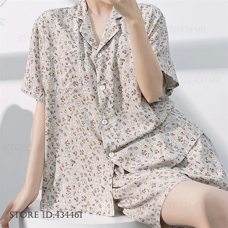 

Summer New Viscose Womens Pajamas Set Cute Print Cartoon Sleepwear Pijamas Suit Loose Comfortable Homewear Loungewear Outwear