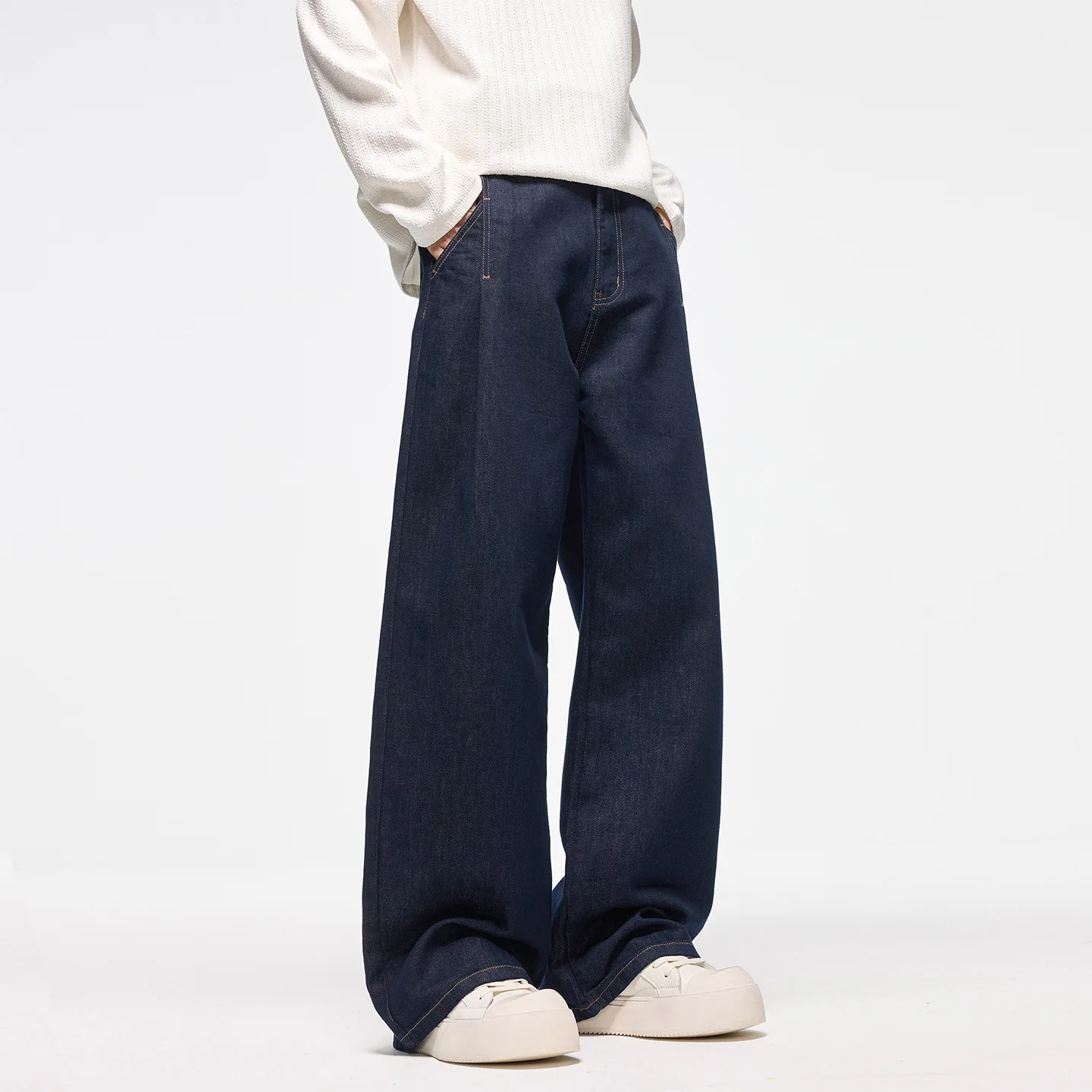 

2025 Dark Blue Wide-leg Jeans Men's Loose Straight Autumn and Winter High-quality Combed Cotton Soft Anti-wrinkle Long Pants