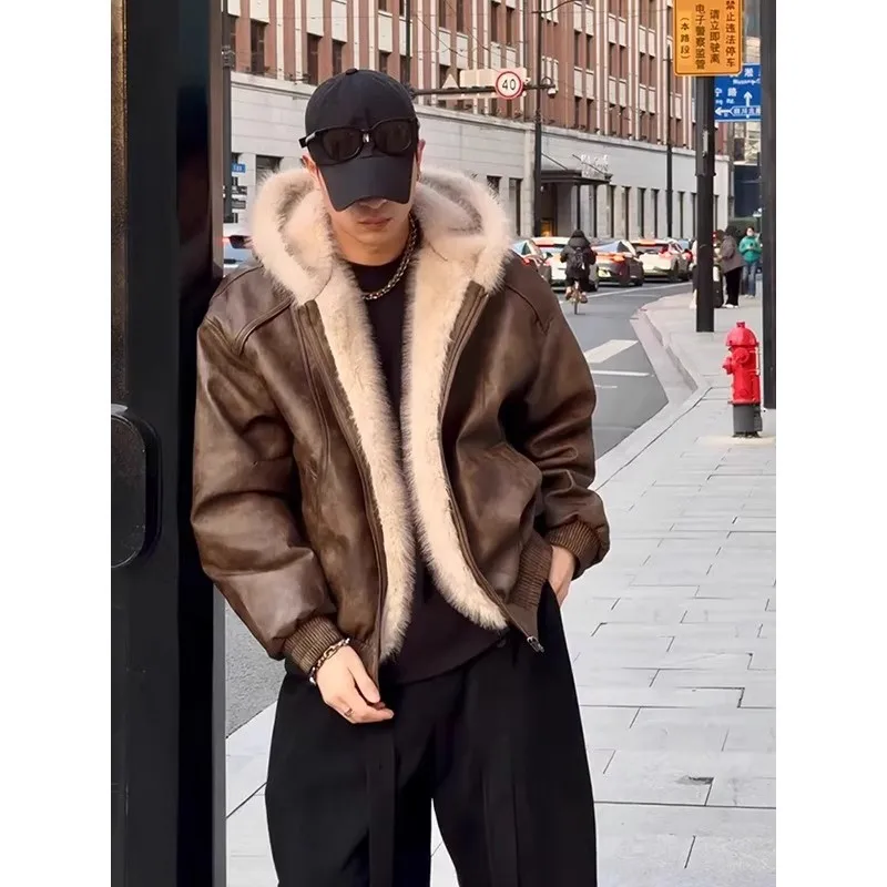

Imitation mink velvet mountain sculpture hooded jacket for men in winter, high-end wear, plus velvet and thickened cotton jacket