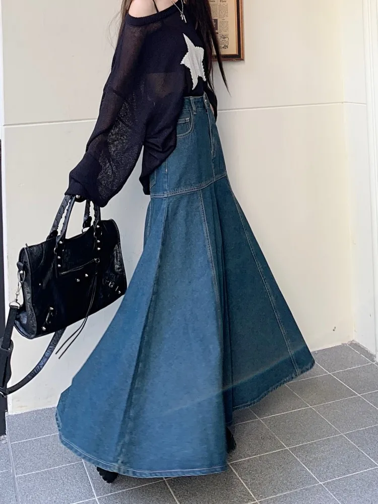 GUUZYUVIZ Long High Waist Versatile Fishtail Denim Skirt Woman